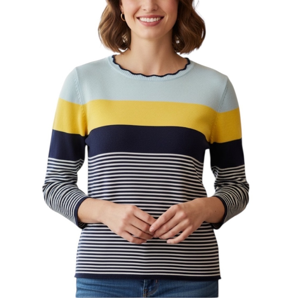 Lands' End Coastal Cotton Colorblock Striped Sweater Medium Navy Blue Yellow
